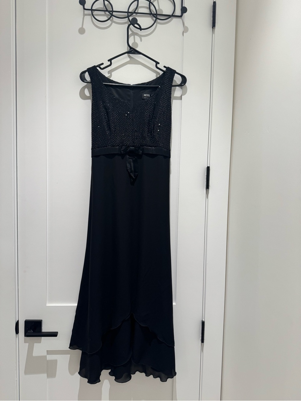 Elegant Black Beaded Midi Dress with Satin Waist Tie